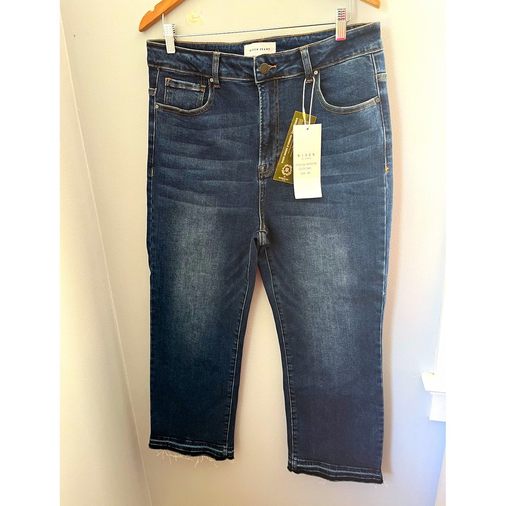 Risen Jeans Women's 1XL Straight Leg crop Dark Wash Blue Denim High Rise Stretch
